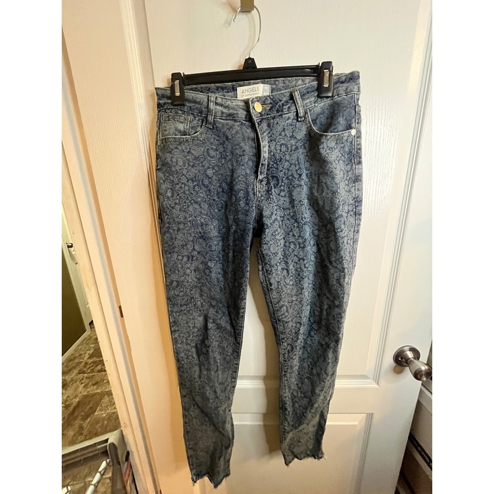 Angels‎ of Difference Blue Floral Print Cropped Jeans Raw Hem Womens Size 8